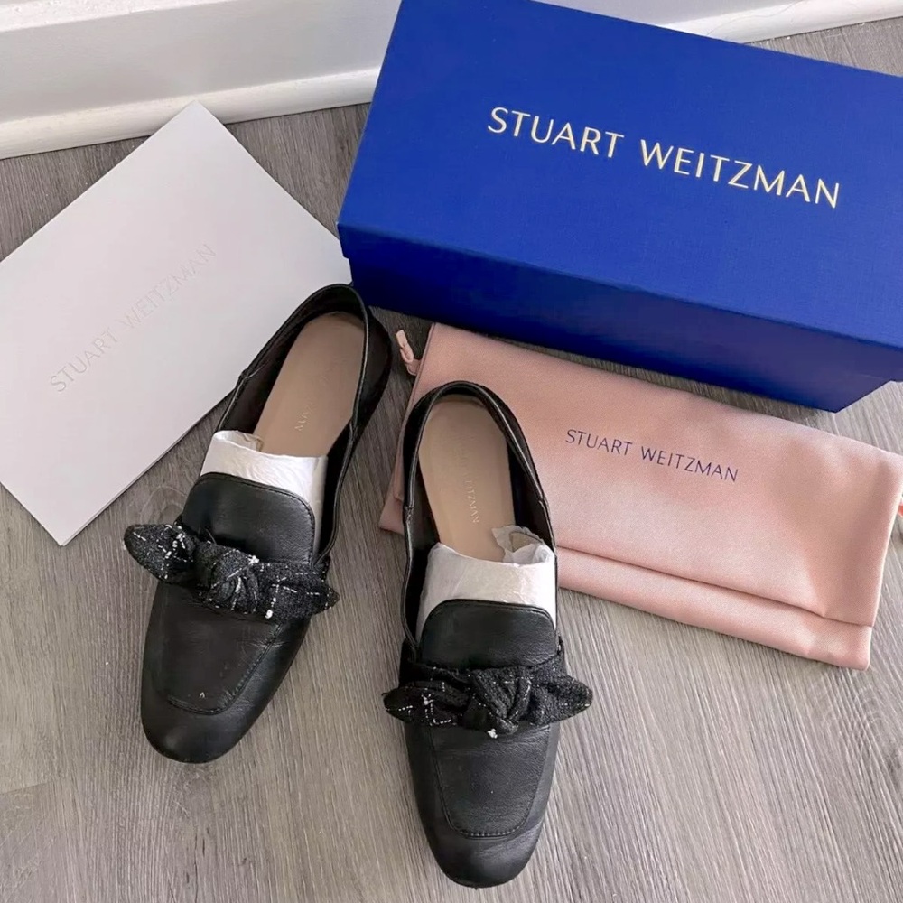 Stuart Weitzman Womens Bandeau Bow Loafer Flat Leather Tweed 7.5